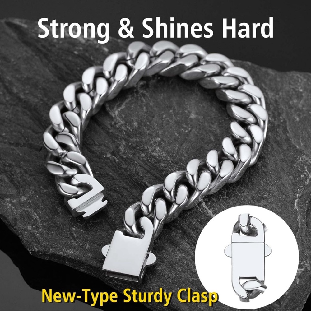 Men Silver 13mm Wide Stainless Steel Miami Curb Chain Bracelet - Picture 8 of 8